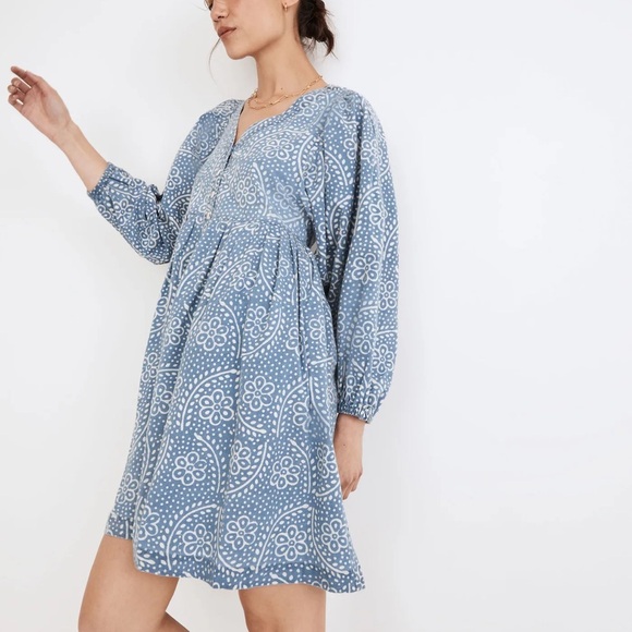 Madewell Bubble-Sleeve Button-Front Mini Dress in Indigo Paisley - Picture 3 of 11